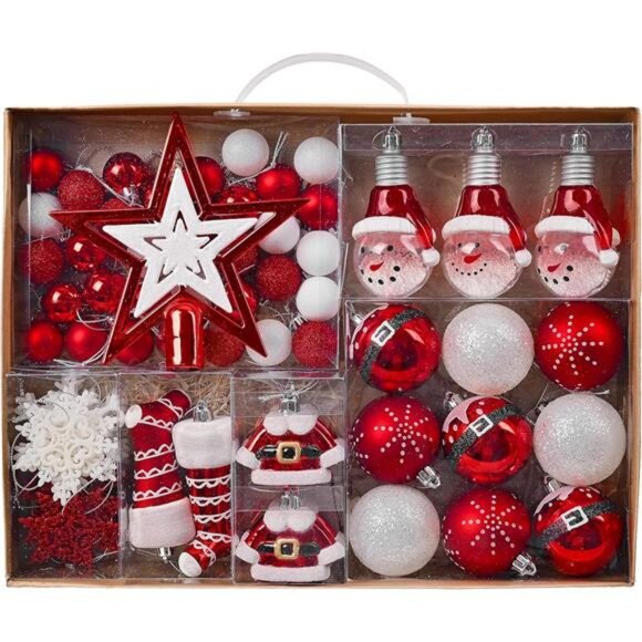 Christmas Ornaments Set, 70ct Red and White Shatterproof Christmas Tree